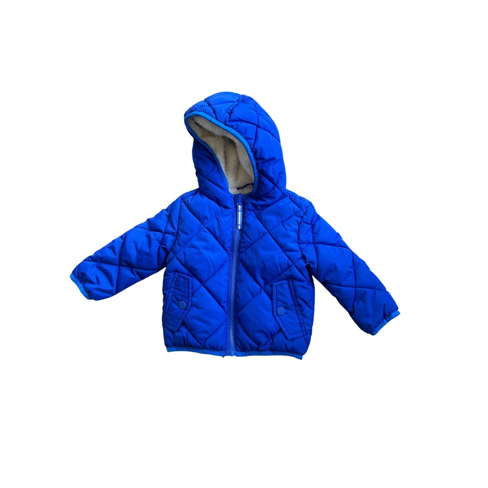 Cat & Jack Blue Quilted Puffer Jacket Baby 12M Sherpa Lined Hooded Coat